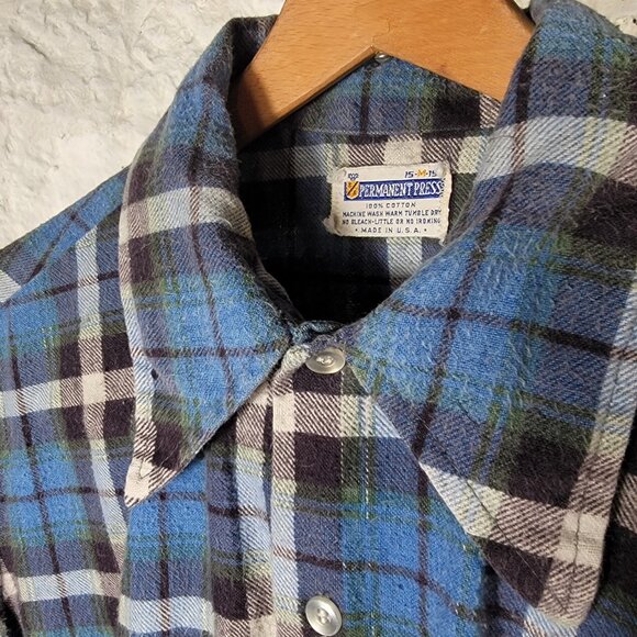 Vtg men's shirt long sleeve cotton‎ flannel medium blue 4" hole in right armpit - Picture 5 of 16